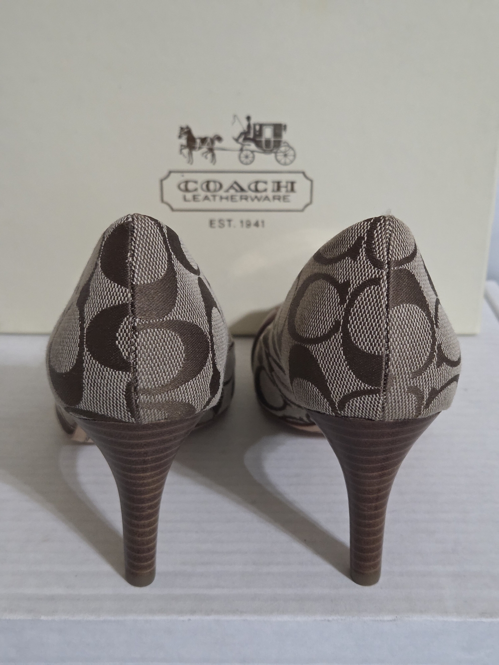 COACH Whitney Signature Canvas & Leather Heels US Women Size 6B Khaki/Cinnamon - Picture 6 of 12